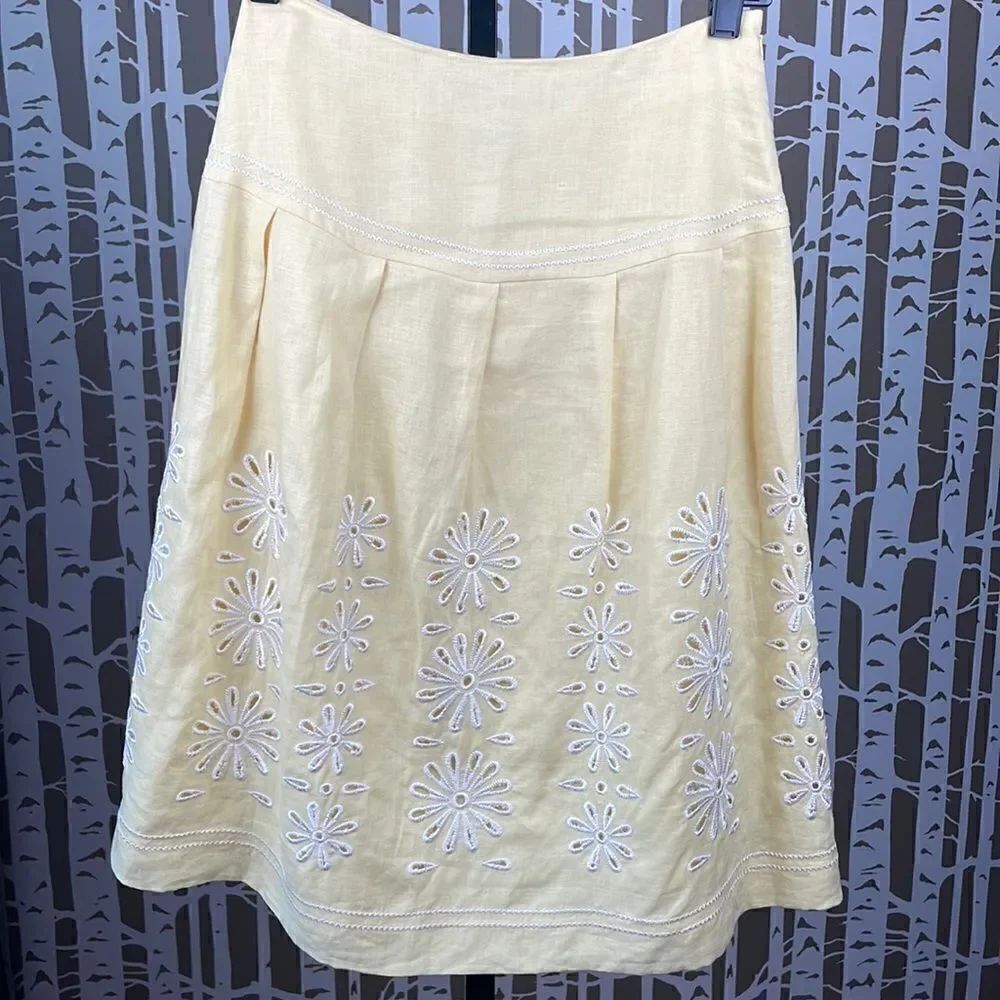 Peck & Peck Petite yellow 100% linen embroidered drop waist A-Line Midi skirt - Picture 1 of 14